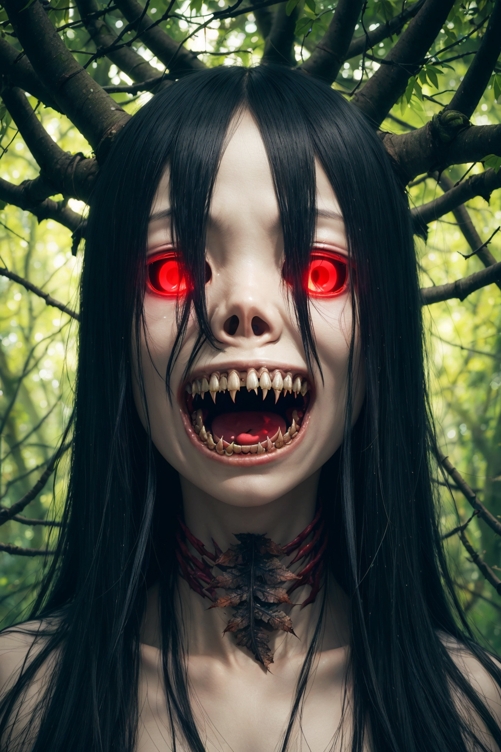 Sadako, frightful, bare tree, tree, (sexy:1.1), branch, forest, teeth, plant, monster girl, nature, sharp teeth, glowing, ...